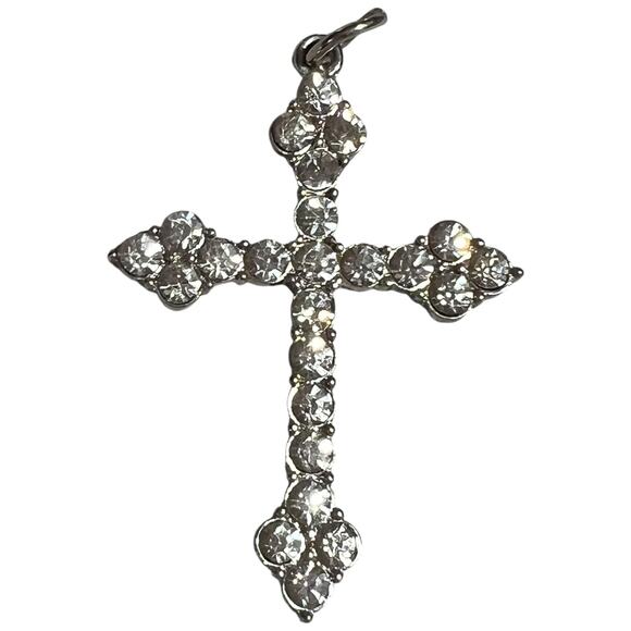 Vintage 90s Cross Pendant Silver Tone Rhinestone Crystal Religious Jewelry - Picture 1 of 4